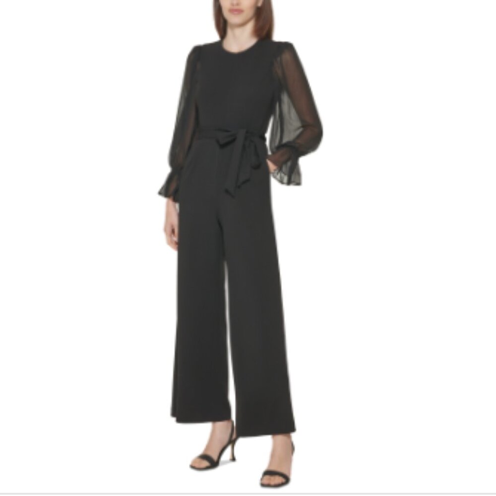 Black Sheer-Sleeve Belted Wide-Leg Jumpsuit